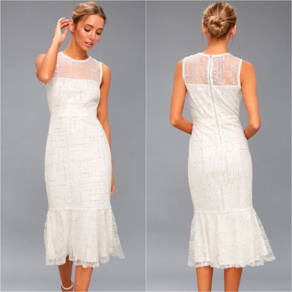 Lulu's “Classy Missy” White Silver Sequin Peplum Midi Shiny Formal Dance Dress - Picture 1 of 14